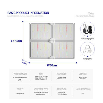 چراغ رشد LED طیف کامل با توان 400 وات با ارتفاع آویزان قابل تنظیم برای رشد گیاهان داخلی
